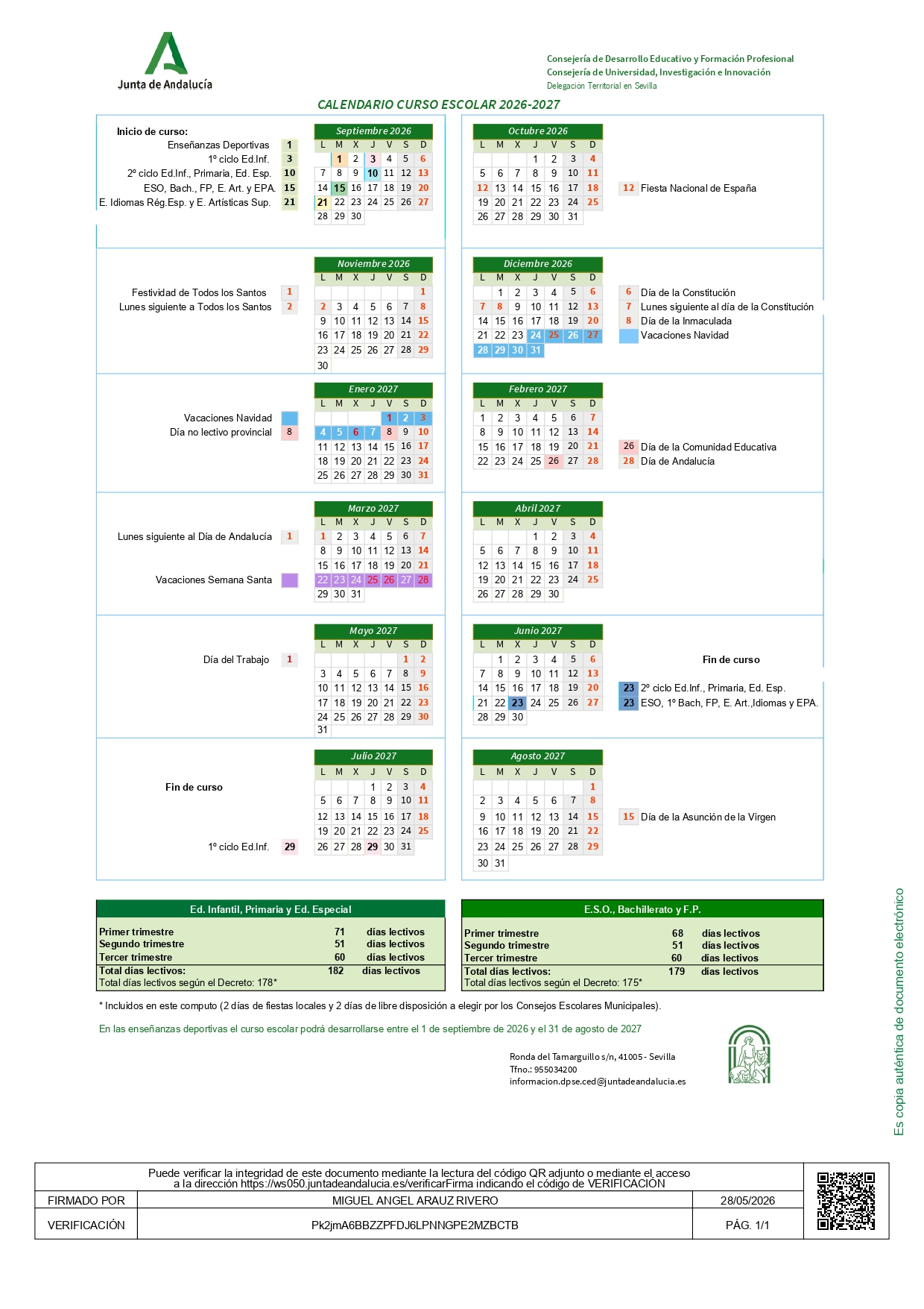 Calendario escolar Sevilla 2026/27
